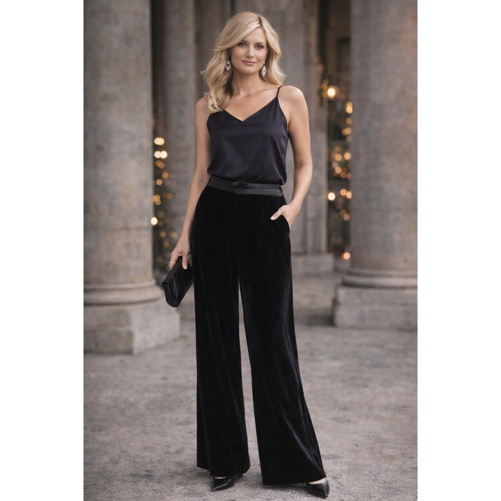 Vintage Spiegel Silk Blend Velvet Wide Leg Pants Black Satin Trim Size 12